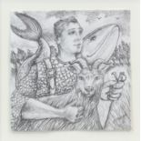 PENCIL SKETCH OF MAN WITH GOAT AND WHALE, BY GRAHAM MCKEAN