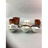 A LOT OF FIVE CHINESE TEA BOWLS, GERMAN LEAF SHAPED DISHES AND OTHER CERAMICS