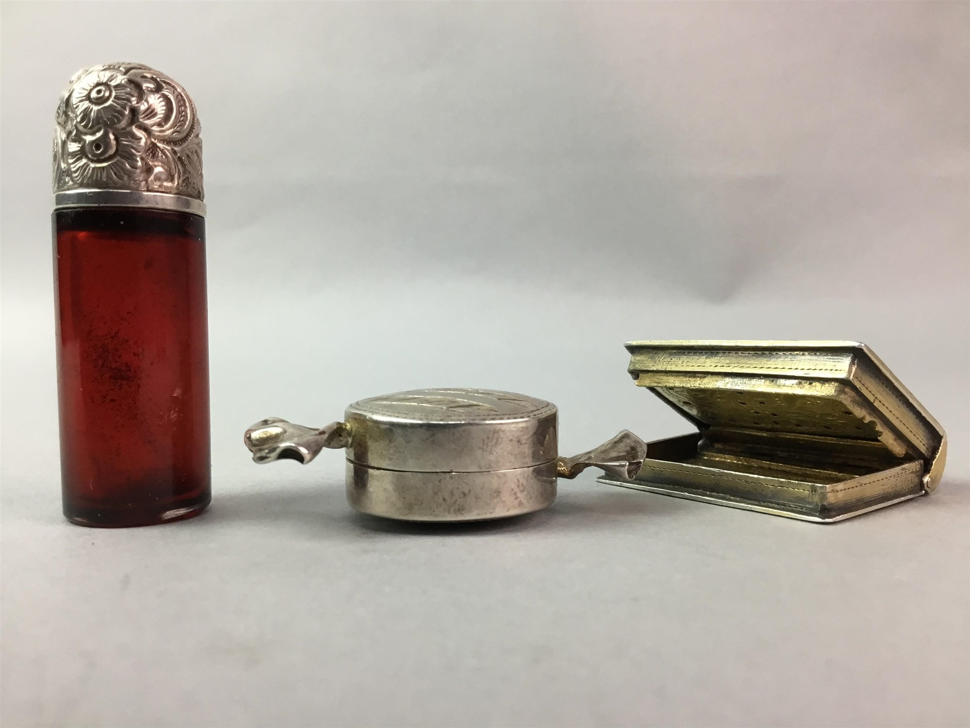 A VINAIGRETTE, SILVER SWEETIE PILL BOX AND A PERFUME BOTTLE