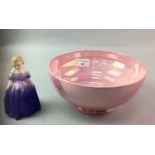 A PINK MALING LUSTRE WARE BOWL AND A ROYAL DOULTON FIGURE