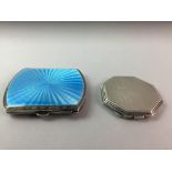 A SILVER AND BLUE ENAMEL CIGARETTE CASE AND A SILVER COMPACT