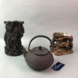 A CHINESE TEA POT, BRUSH POT AND A SOAPSTONE BASE SECTION