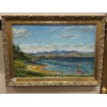 A WATERCOLOUR DEPICTING A COASTAL SCENE, A FRAMED TAPESTRY AND TWO OTHER PICTURES