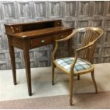 A WRITING DESK, MAHOGANY INLAID DRAWING ROOM ARMCHAIR