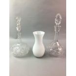 A LOT OF THREE CRYSTAL DECANTERS AND TWO VASES