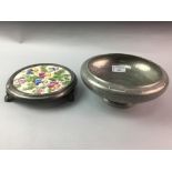 A HAND BEATEN PEWTER BOWL AND SILVER PLATED ITEMS