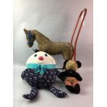 A GROUP OF VINTAGE TOYS, TEDDY BEARS AND A PUSH ALONG HORSE