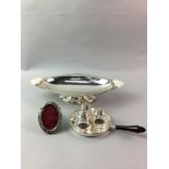 A SILVER OVAL PHOTOGRAPH FRAME, PLATED COMPORT AND CRUET SET