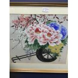 A CHINESE PAINTING OF FLOWERS ON A CART AND FRAMED COLOUR PRINT