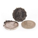 TWO VICTORIAN SILVER COINS AND A LATER CROWN