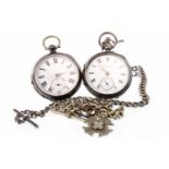 TWO SILVER OPEN FACE POCKET WATCHES AND TWO ALBERT CHAINS