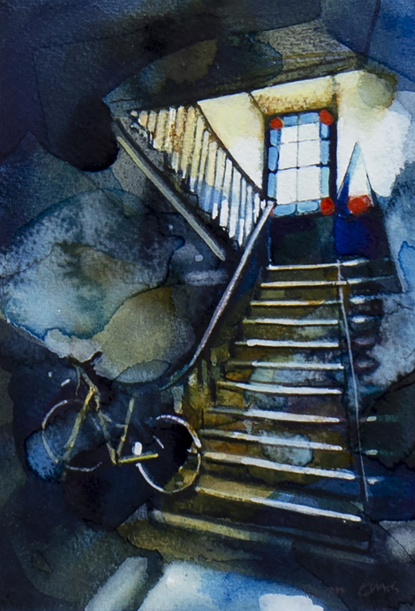 BIKE ON THE BANNISTER, A WATERCOLOUR BY BRYAN EVANS