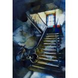 BIKE ON THE BANNISTER, A WATERCOLOUR BY BRYAN EVANS