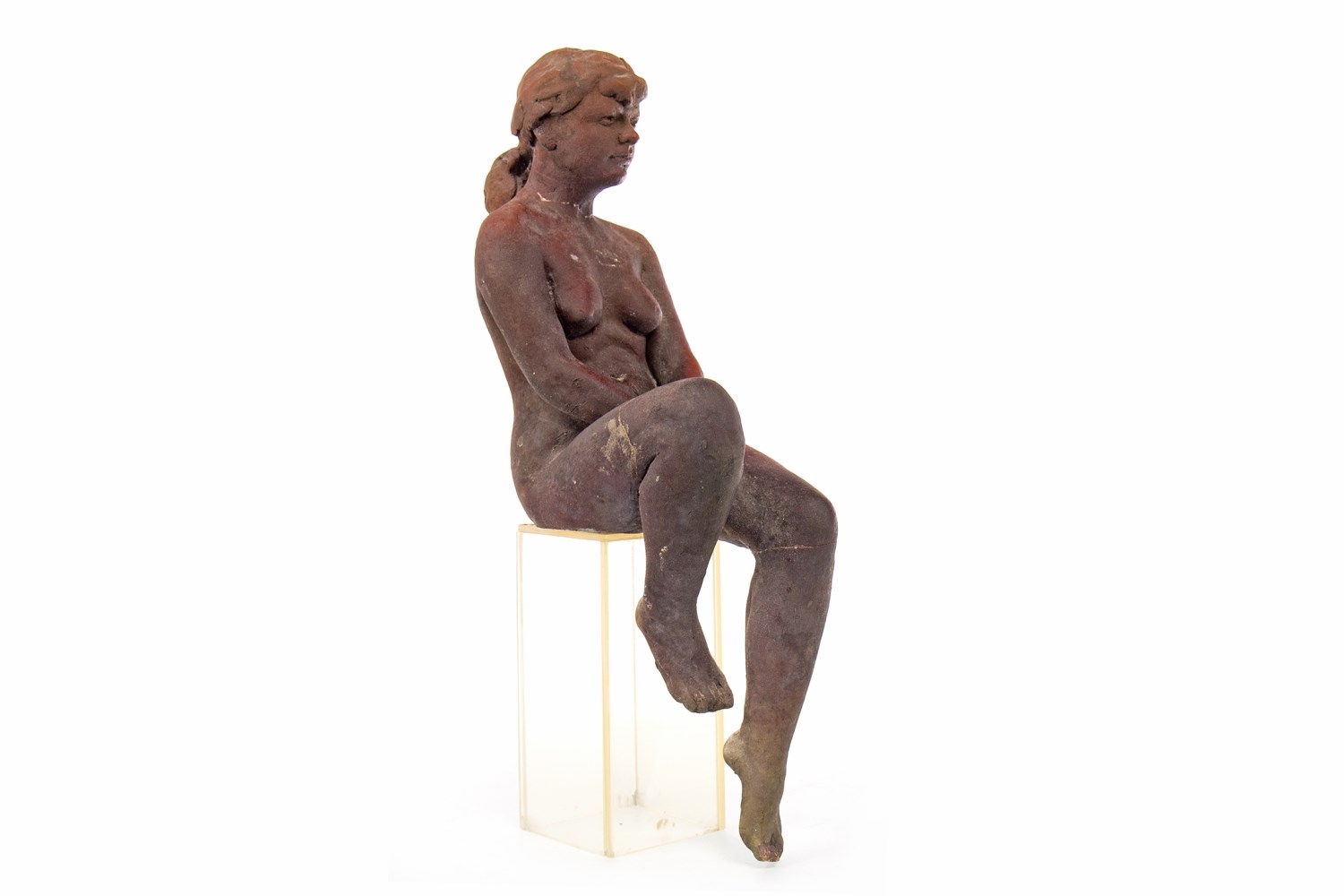 A CLAY SCULPTURE OF A NUDE SEATED GIRL, BY WALTER AWLSON