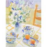 STILL LIFE OF FLOWERS, FRUIT AND CROCKERY, BY VIVIAN MANTHEL-FRENCH