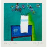 VASE ON BLUE TABLE, AN OIL BY NIKKI MONAGHAN