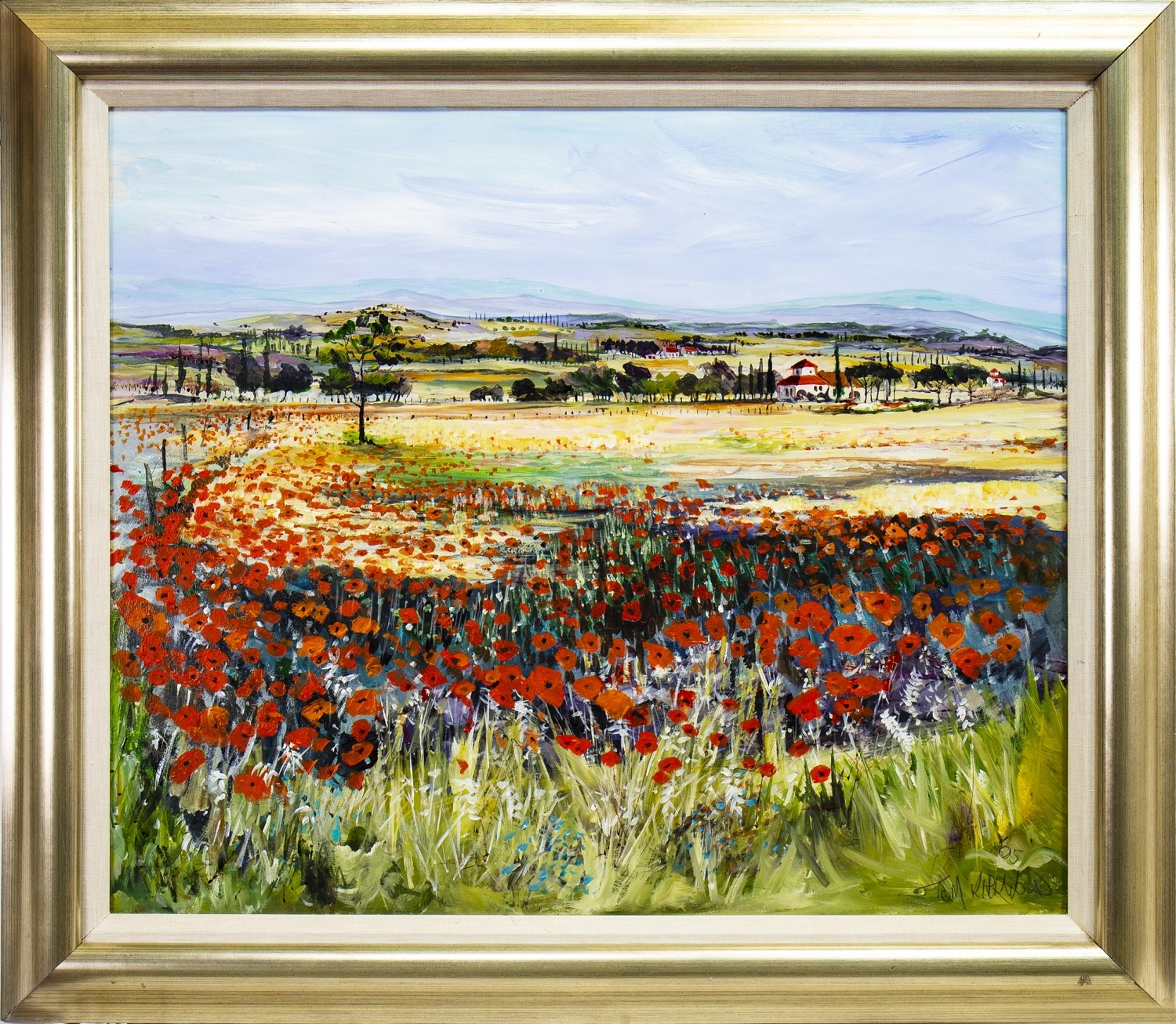 POPPIES AT AGRISOLOTTO NEAR CORTONA, TUSCANY, AN OIL BY TOM KIRKWOOD