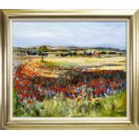 POPPIES AT AGRISOLOTTO NEAR CORTONA, TUSCANY, AN OIL BY TOM KIRKWOOD
