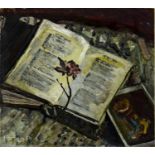 STILL LIFE WITH BOOK AND FLOWER, AN OIL BY NITA BEGG