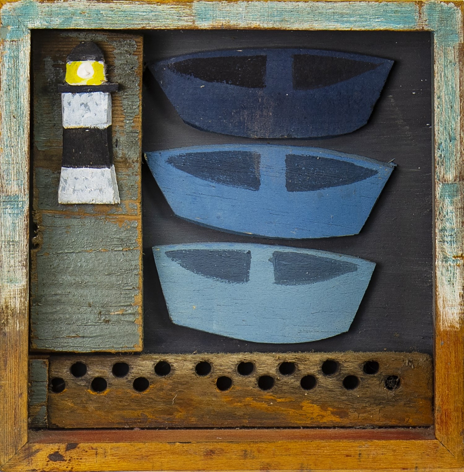 THREE WEE BOATS, A MIXED MEDIA ASSEMBLAGE BY DOROTHY STIRLING