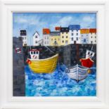 RED BOAT, YELLOW BOAT, AN OIL BY LYNNE JOHNSTONE