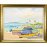 BEACHED BOATS, NEVIS, AN OIL BY JAMES HARRIGAN