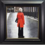 RED COAT IN THE CITY, AN OIL BY GERARD BURNS
