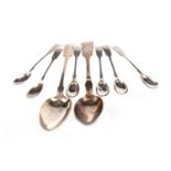 A SET OF SIX SILVER SCOTTISH TEA SPOONS ALONG WITH TWO RUSSIAN SILVER TABLE SPOONS