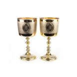 A PAIR OF VICTORIAN SILVER COMMEMORATIVE GILT GOBLETS