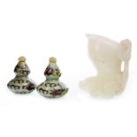 A CHINESE HARDSTONE LIBATION CUP AND TWO SNUFF BOTTLES