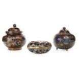 A JAPANESE CLOISONNE BOX AND TWO KOROS