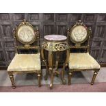 A REPRODUCTION GILT WOOD JARDINIERE STAND AND TWO SINGLE CHAIRS