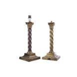 A LOT OF TWO VICTORIAN BRASS SPIRAL MOULDED TABLE LAMPS