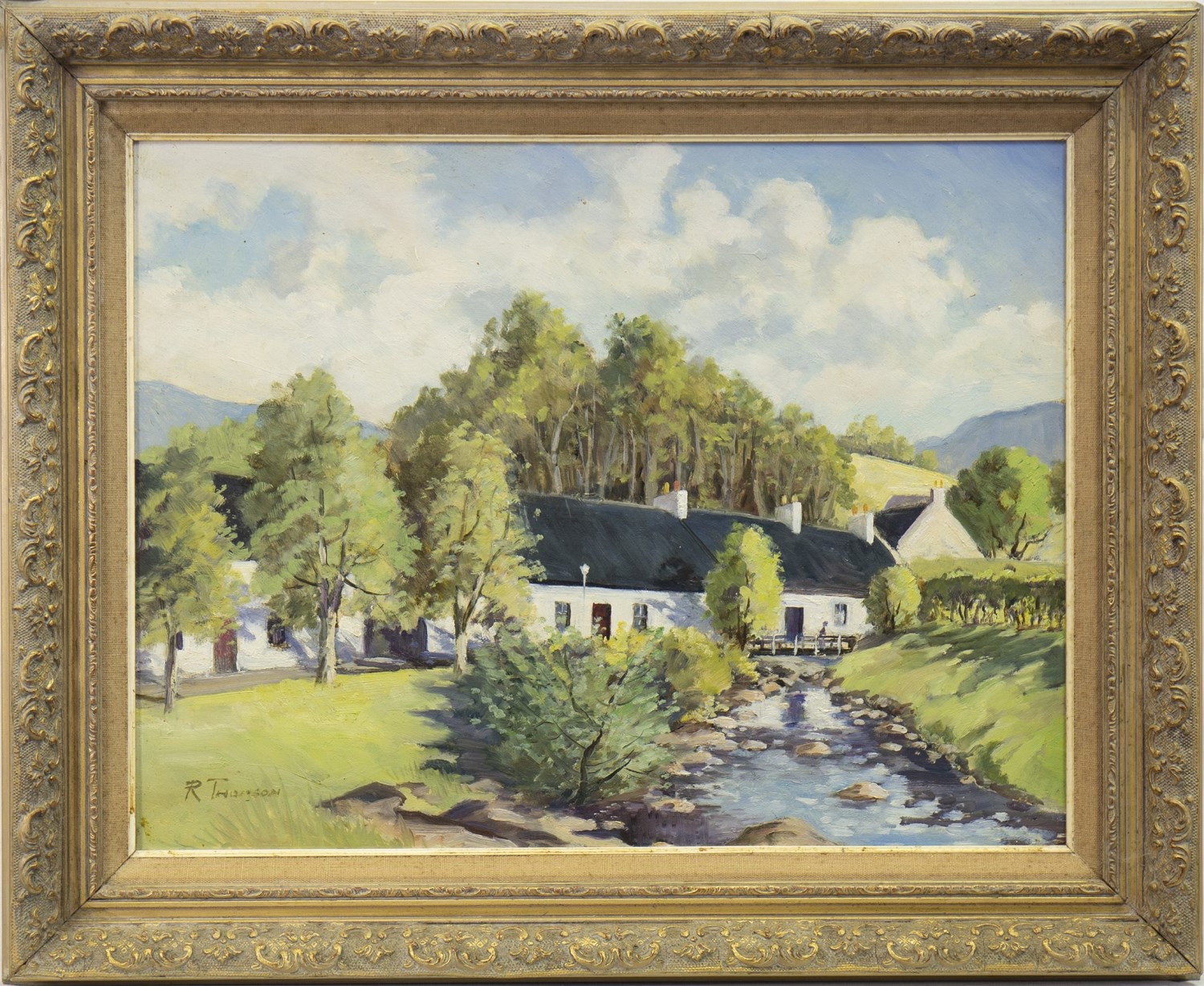 COTTAGE SCENE, AN OIL BY ROBERT THOMSON