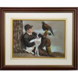 A MAN, EAGLE AND DOG, A PASTEL BY JAMES F HAMILTON