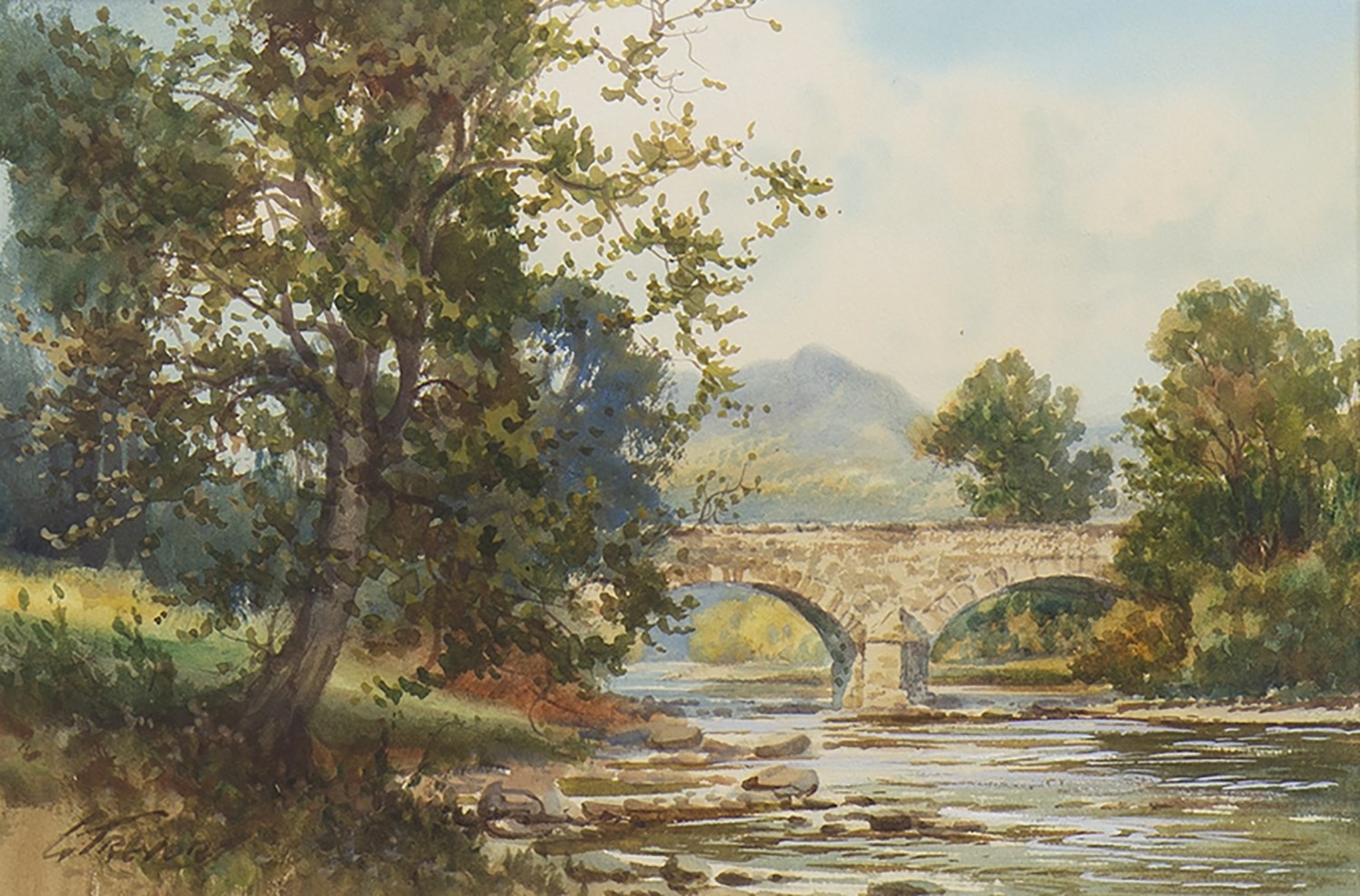 RIVER SCENE, A WATERCOLOUR BY GEORGE TREVOR