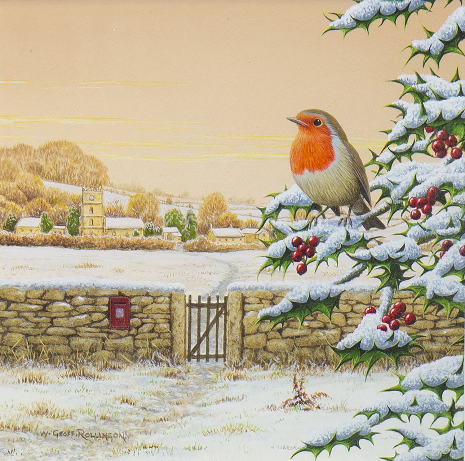 WINTER SCENE WITH ROBIN, A WATERCOLOUR BY GEOFF ROLLINSON