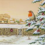 WINTER SCENE WITH ROBIN, A WATERCOLOUR BY GEOFF ROLLINSON