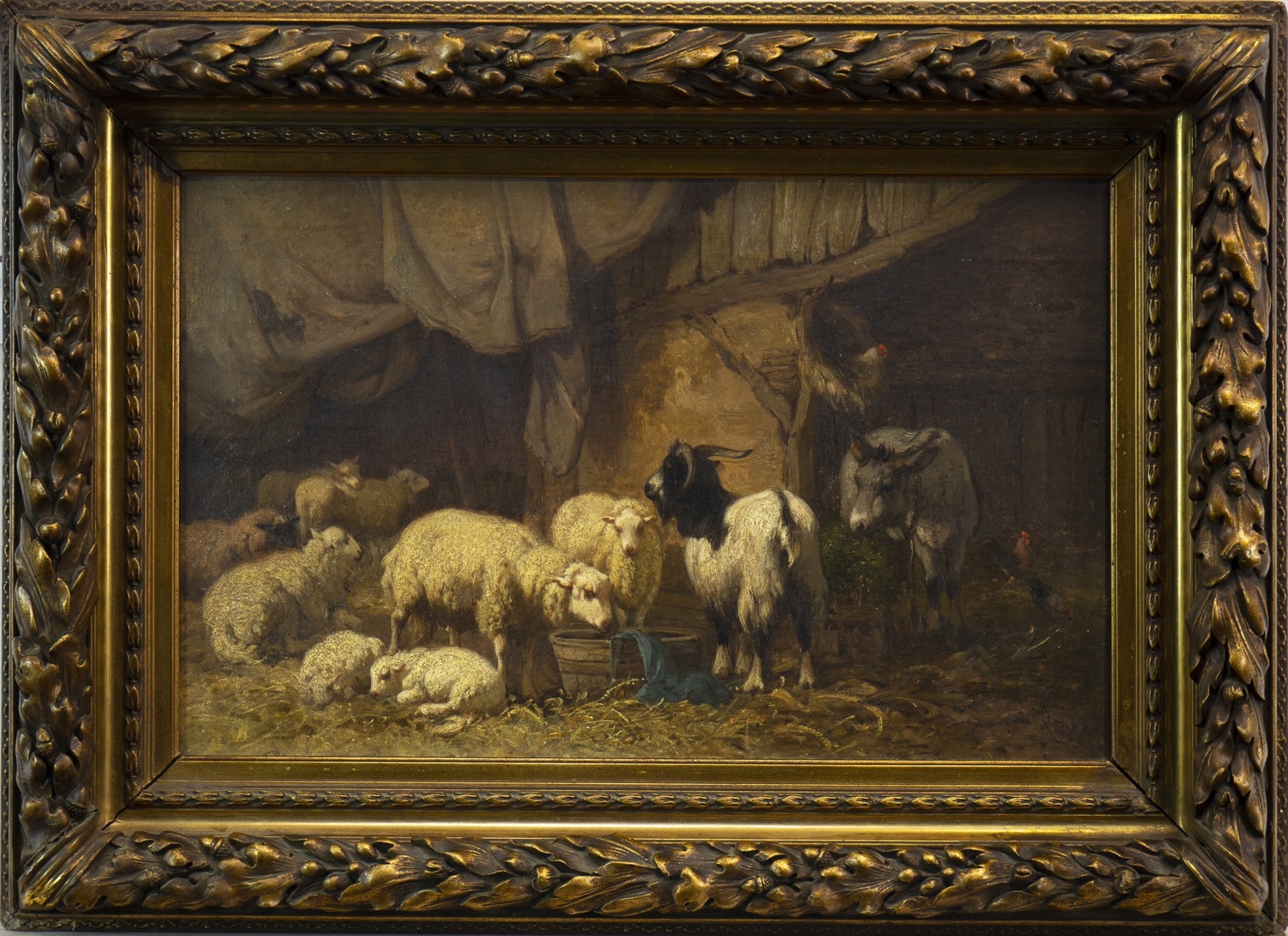 SHEEP, DONKEY AND GOAT IN A BARN, AN OIL BY LOUIS ROBBE