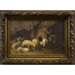 SHEEP, DONKEY AND GOAT IN A BARN, AN OIL BY LOUIS ROBBE