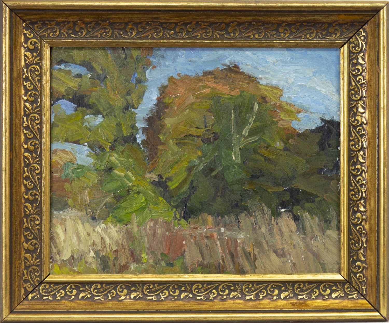 TREES AT KINROSS, AN OIL ON BOARD BY MARGARET MORRIS