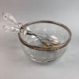 A CUT GLASS SALAD BOWL, PAIR OF SERVERS AND OTHER GLASS WARE