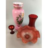 A CRANBERRY GLASS VASE AND OTHER GLASS WARE