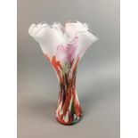 A TALL COLOURED GLASS VASE AND OTHER GLASSWARE