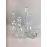 THREE CUT GLASS DECANTERS, TWO VASES AND A GLASS JUG
