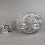 A CLEAR CUT GLASS POWDER BOWL AND COVER AND OTHER GLASSWARE