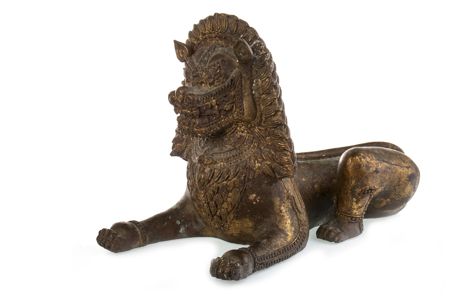 AN EARLY 20TH CENTURY THAI GILDED BRONZE LION