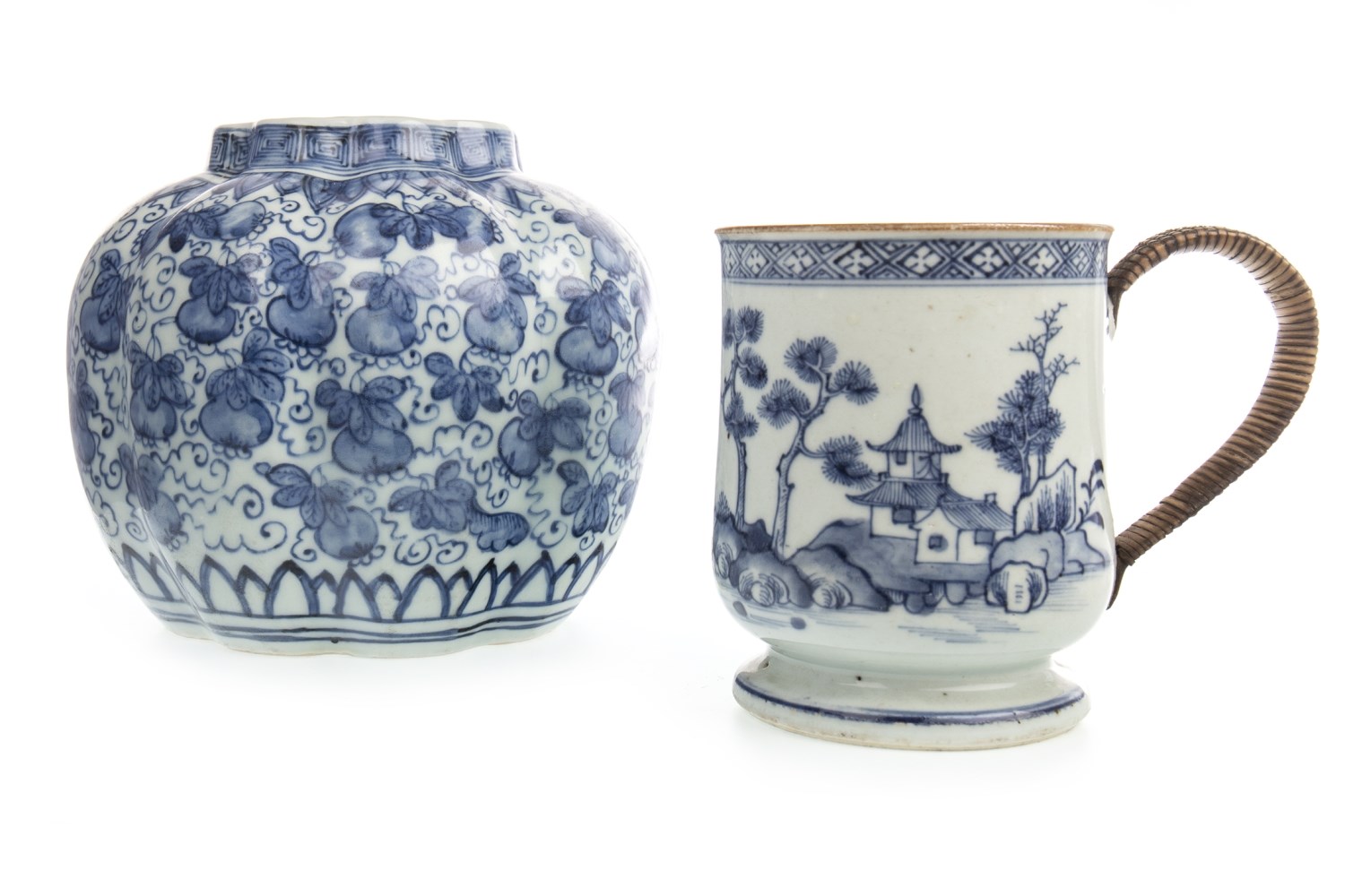 A CHINESE BLUE AND WHITE TANKARD AND LOBED VASE