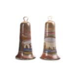 A PAIR OF VICTORIAN GLASS AND SAND BELLS