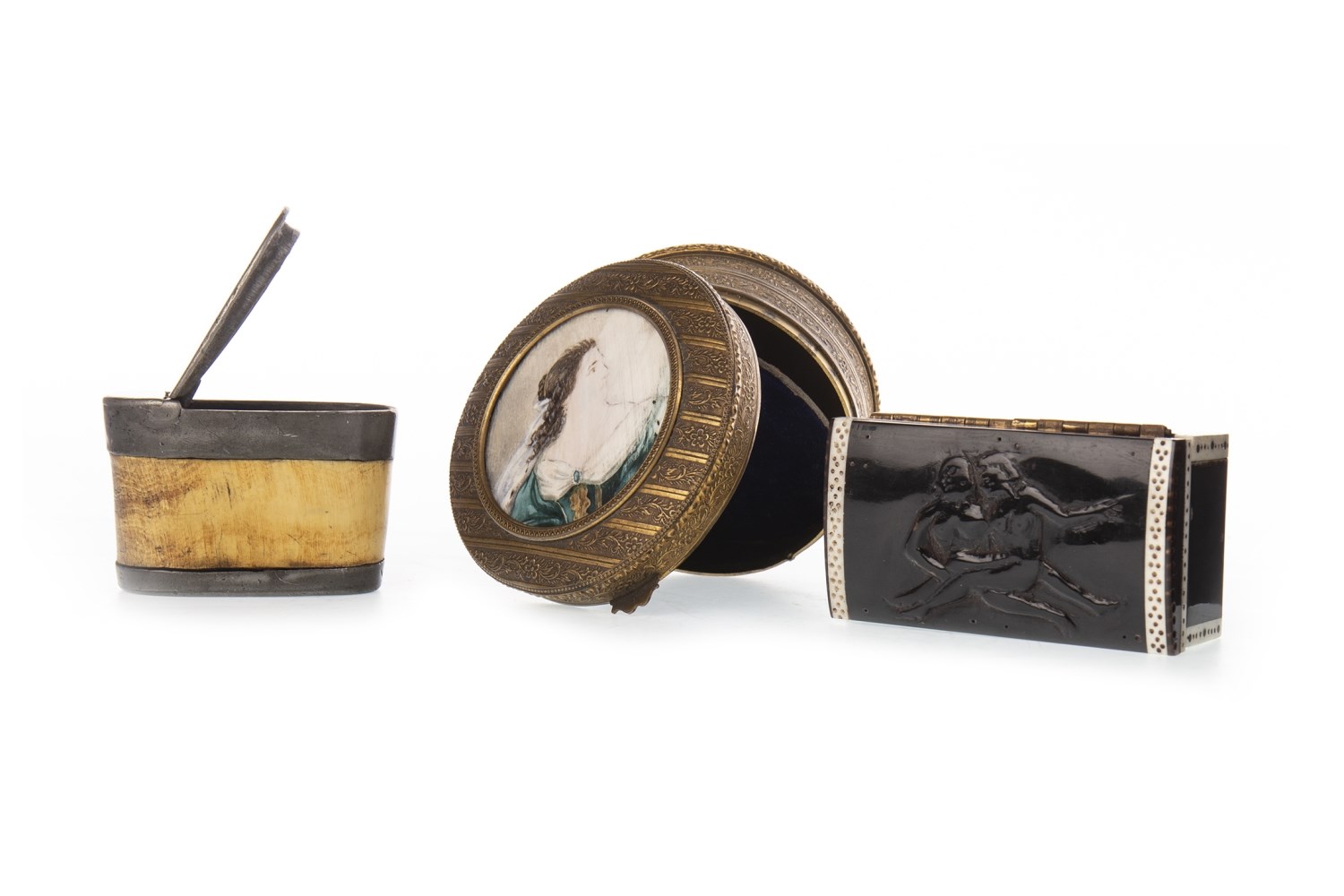 AN EARLY 20TH CENTURY BRASS AND IVORY INLAID PIN BOX AND OTHER BOXES